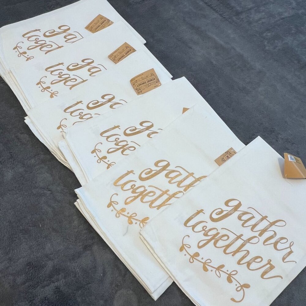 Gather Together Tea Towel Set Of 6 100% White Cotton Gold‎ Lettering NWT